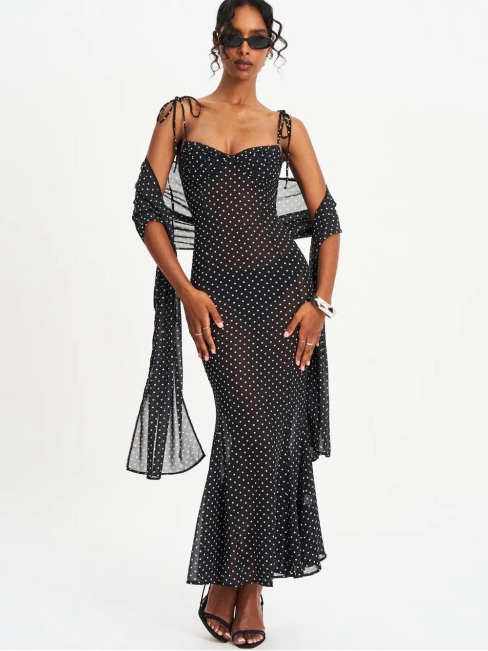 Yadira Black Base Polka Dot Chiffon Maxi Dress - Picture 4 of 5